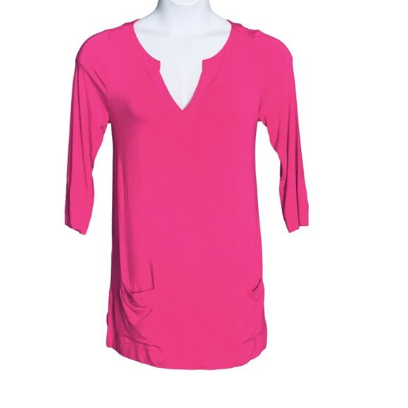 Soft Surroundings Tunic Top Medium Split V Neck Fuchsia Pink Pockets 3/4 Sleeve - Picture 1 of 8